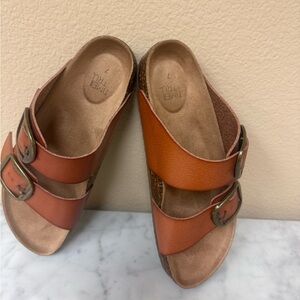 Time and Tru Orange Leather-Look Double Buckle Slide Mules